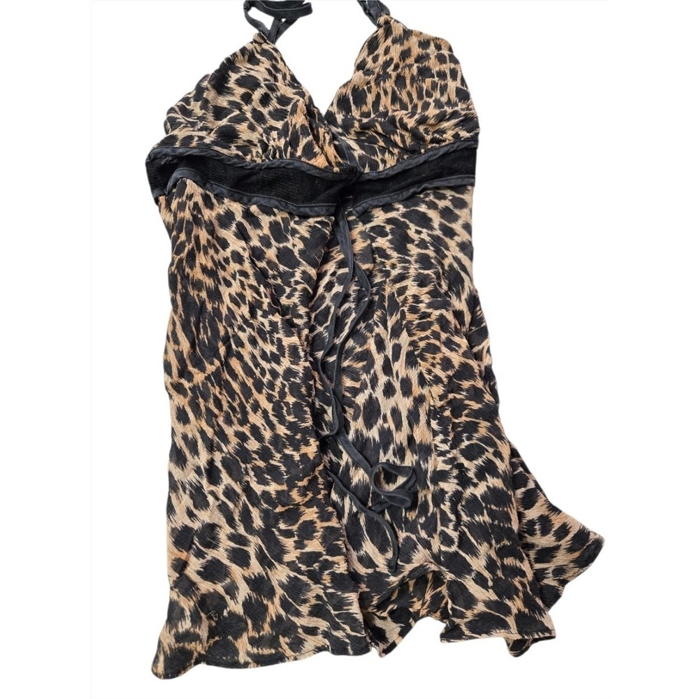 Victoria's Secret‎ Leopard Print Babydoll Chemise Lingerie Top Mesh Trim Large L